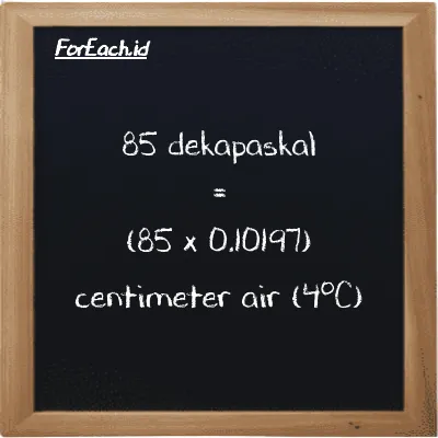 Cara konversi dekapaskal ke centimeter air (4<sup>o</sup>C) (daPa ke cmH2O): 85 dekapaskal (daPa) setara dengan 85 dikalikan dengan 0.10197 centimeter air (4<sup>o</sup>C) (cmH2O)