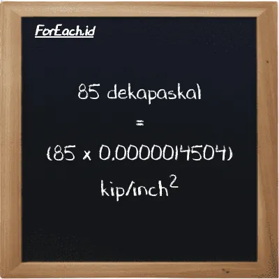 85 dekapaskal setara dengan 0.00012328 kip/inch<sup>2</sup> (85 daPa setara dengan 0.00012328 ksi)