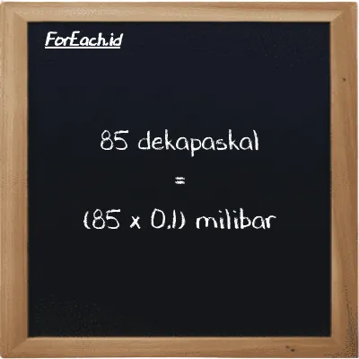 Cara konversi dekapaskal ke milibar (daPa ke mbar): 85 dekapaskal (daPa) setara dengan 85 dikalikan dengan 0.1 milibar (mbar)
