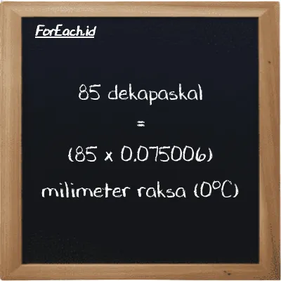 Cara konversi dekapaskal ke milimeter raksa (0<sup>o</sup>C) (daPa ke mmHg): 85 dekapaskal (daPa) setara dengan 85 dikalikan dengan 0.075006 milimeter raksa (0<sup>o</sup>C) (mmHg)