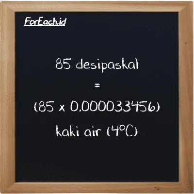 85 desipaskal setara dengan 0.0028438 kaki air (4<sup>o</sup>C) (85 dPa setara dengan 0.0028438 ftH2O)