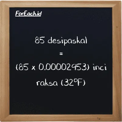Cara konversi desipaskal ke inci raksa (32<sup>o</sup>F) (dPa ke inHg): 85 desipaskal (dPa) setara dengan 85 dikalikan dengan 0.00002953 inci raksa (32<sup>o</sup>F) (inHg)