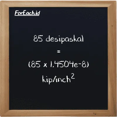 Cara konversi desipaskal ke kip/inch<sup>2</sup> (dPa ke ksi): 85 desipaskal (dPa) setara dengan 85 dikalikan dengan 1.4504e-8 kip/inch<sup>2</sup> (ksi)