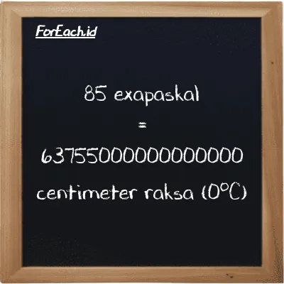 Cara konversi exapaskal ke centimeter raksa (0<sup>o</sup>C) (EPa ke cmHg): 85 exapaskal (EPa) setara dengan 85 dikalikan dengan 750060000000000 centimeter raksa (0<sup>o</sup>C) (cmHg)
