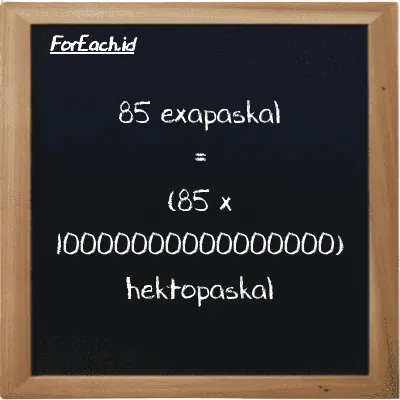 Cara konversi exapaskal ke hektopaskal (EPa ke hPa): 85 exapaskal (EPa) setara dengan 85 dikalikan dengan 10000000000000000 hektopaskal (hPa)
