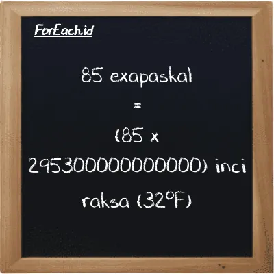 Cara konversi exapaskal ke inci raksa (32<sup>o</sup>F) (EPa ke inHg): 85 exapaskal (EPa) setara dengan 85 dikalikan dengan 295300000000000 inci raksa (32<sup>o</sup>F) (inHg)