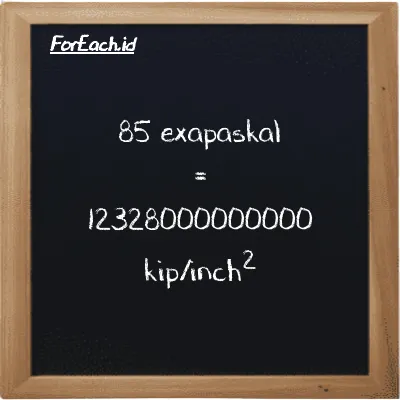 85 exapaskal setara dengan 12328000000000 kip/inch<sup>2</sup> (85 EPa setara dengan 12328000000000 ksi)