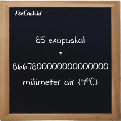 85 exapaskal setara dengan 8667800000000000000 milimeter air (4<sup>o</sup>C) (85 EPa setara dengan 8667800000000000000 mmH2O)