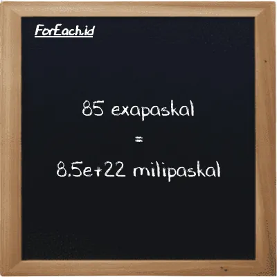 85 exapaskal setara dengan 8.5e+22 milipaskal (85 EPa setara dengan 8.5e+22 mPa)