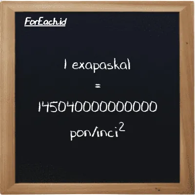1 exapaskal setara dengan 145040000000000 pon/inci<sup>2</sup> (1 EPa setara dengan 145040000000000 psi)