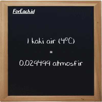 1 kaki air (4<sup>o</sup>C) setara dengan 0.029499 atmosfir (1 ftH2O setara dengan 0.029499 atm)