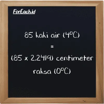 Cara konversi kaki air (4<sup>o</sup>C) ke centimeter raksa (0<sup>o</sup>C) (ftH2O ke cmHg): 85 kaki air (4<sup>o</sup>C) (ftH2O) setara dengan 85 dikalikan dengan 2.2419 centimeter raksa (0<sup>o</sup>C) (cmHg)