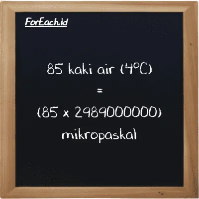 Cara konversi kaki air (4<sup>o</sup>C) ke mikropaskal (ftH2O ke µPa): 85 kaki air (4<sup>o</sup>C) (ftH2O) setara dengan 85 dikalikan dengan 2989000000 mikropaskal (µPa)