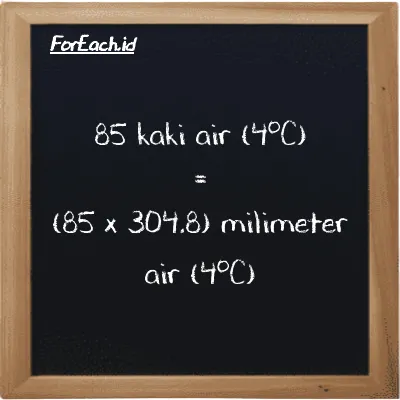Cara konversi kaki air (4<sup>o</sup>C) ke milimeter air (4<sup>o</sup>C) (ftH2O ke mmH2O): 85 kaki air (4<sup>o</sup>C) (ftH2O) setara dengan 85 dikalikan dengan 304.8 milimeter air (4<sup>o</sup>C) (mmH2O)