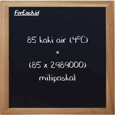 Cara konversi kaki air (4<sup>o</sup>C) ke milipaskal (ftH2O ke mPa): 85 kaki air (4<sup>o</sup>C) (ftH2O) setara dengan 85 dikalikan dengan 2989000 milipaskal (mPa)