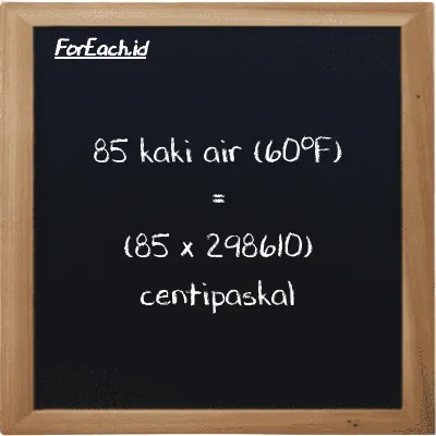 Cara konversi kaki air (60<sup>o</sup>F) ke centipaskal (ftH2O ke cPa): 85 kaki air (60<sup>o</sup>F) (ftH2O) setara dengan 85 dikalikan dengan 298610 centipaskal (cPa)