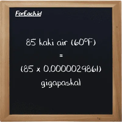 Cara konversi kaki air (60<sup>o</sup>F) ke gigapaskal (ftH2O ke GPa): 85 kaki air (60<sup>o</sup>F) (ftH2O) setara dengan 85 dikalikan dengan 0.0000029861 gigapaskal (GPa)