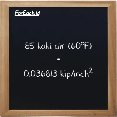 Cara konversi kaki air (60<sup>o</sup>F) ke kip/inch<sup>2</sup> (ftH2O ke ksi): 85 kaki air (60<sup>o</sup>F) (ftH2O) setara dengan 85 dikalikan dengan 0.0004331 kip/inch<sup>2</sup> (ksi)
