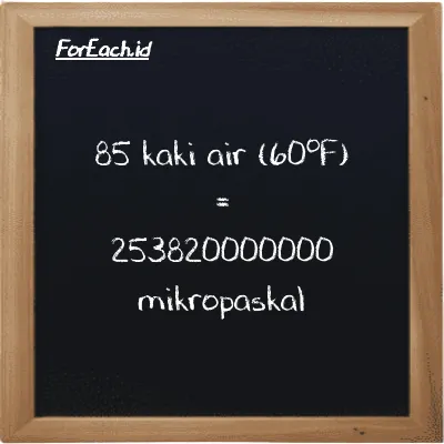 85 kaki air (60<sup>o</sup>F) setara dengan 253820000000 mikropaskal (85 ftH2O setara dengan 253820000000 µPa)