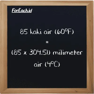 Cara konversi kaki air (60<sup>o</sup>F) ke milimeter air (4<sup>o</sup>C) (ftH2O ke mmH2O): 85 kaki air (60<sup>o</sup>F) (ftH2O) setara dengan 85 dikalikan dengan 304.51 milimeter air (4<sup>o</sup>C) (mmH2O)