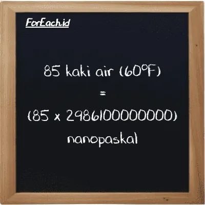 Cara konversi kaki air (60<sup>o</sup>F) ke nanopaskal (ftH2O ke nPa): 85 kaki air (60<sup>o</sup>F) (ftH2O) setara dengan 85 dikalikan dengan 2986100000000 nanopaskal (nPa)