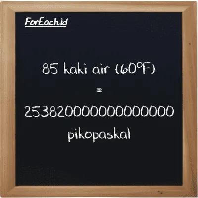 85 kaki air (60<sup>o</sup>F) setara dengan 253820000000000000 pikopaskal (85 ftH2O setara dengan 253820000000000000 pPa)
