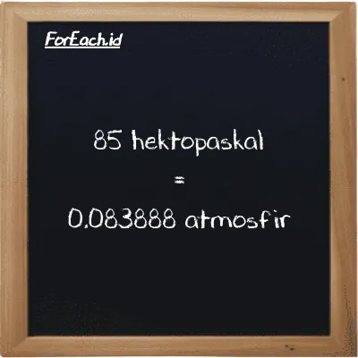 85 hektopaskal setara dengan 0.083888 atmosfir (85 hPa setara dengan 0.083888 atm)