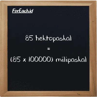 85 hektopaskal setara dengan 8500000 milipaskal (85 hPa setara dengan 8500000 mPa)