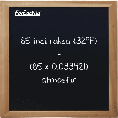 Cara konversi inci raksa (32<sup>o</sup>F) ke atmosfir (inHg ke atm): 85 inci raksa (32<sup>o</sup>F) (inHg) setara dengan 85 dikalikan dengan 0.033421 atmosfir (atm)