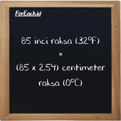 Cara konversi inci raksa (32<sup>o</sup>F) ke centimeter raksa (0<sup>o</sup>C) (inHg ke cmHg): 85 inci raksa (32<sup>o</sup>F) (inHg) setara dengan 85 dikalikan dengan 2.54 centimeter raksa (0<sup>o</sup>C) (cmHg)