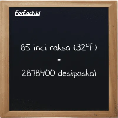 85 inci raksa (32<sup>o</sup>F) setara dengan 2878400 desipaskal (85 inHg setara dengan 2878400 dPa)