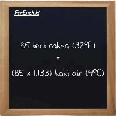 Cara konversi inci raksa (32<sup>o</sup>F) ke kaki air (4<sup>o</sup>C) (inHg ke ftH2O): 85 inci raksa (32<sup>o</sup>F) (inHg) setara dengan 85 dikalikan dengan 1.133 kaki air (4<sup>o</sup>C) (ftH2O)