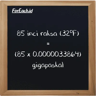 85 inci raksa (32<sup>o</sup>F) setara dengan 0.00028784 gigapaskal (85 inHg setara dengan 0.00028784 GPa)