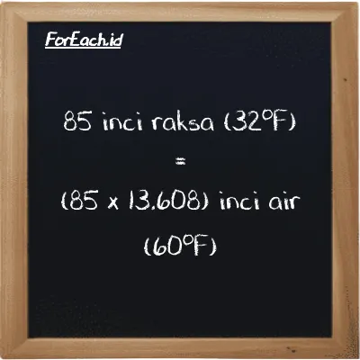 Cara konversi inci raksa (32<sup>o</sup>F) ke inci air (60<sup>o</sup>F) (inHg ke inH20): 85 inci raksa (32<sup>o</sup>F) (inHg) setara dengan 85 dikalikan dengan 13.608 inci air (60<sup>o</sup>F) (inH20)