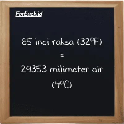 85 inci raksa (32<sup>o</sup>F) setara dengan 29353 milimeter air (4<sup>o</sup>C) (85 inHg setara dengan 29353 mmH2O)