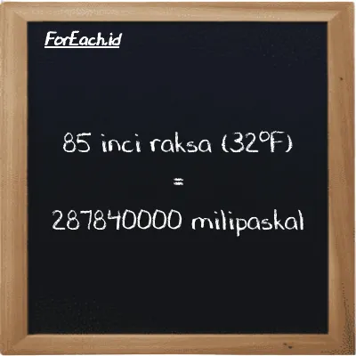 85 inci raksa (32<sup>o</sup>F) setara dengan 287840000 milipaskal (85 inHg setara dengan 287840000 mPa)