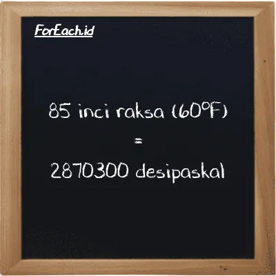 85 inci raksa (60<sup>o</sup>F) setara dengan 2870300 desipaskal (85 inHg setara dengan 2870300 dPa)