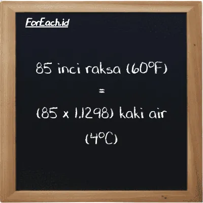 Cara konversi inci raksa (60<sup>o</sup>F) ke kaki air (4<sup>o</sup>C) (inHg ke ftH2O): 85 inci raksa (60<sup>o</sup>F) (inHg) setara dengan 85 dikalikan dengan 1.1298 kaki air (4<sup>o</sup>C) (ftH2O)