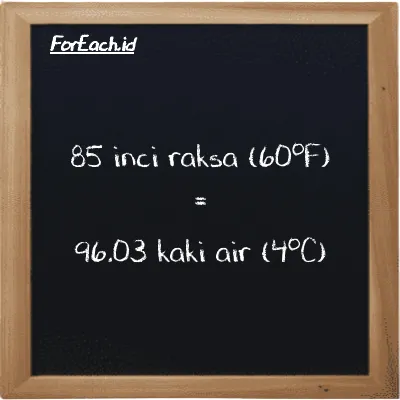 85 inci raksa (60<sup>o</sup>F) setara dengan 96.03 kaki air (4<sup>o</sup>C) (85 inHg setara dengan 96.03 ftH2O)