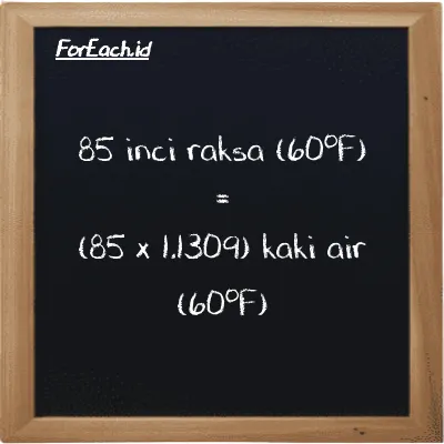 Cara konversi inci raksa (60<sup>o</sup>F) ke kaki air (60<sup>o</sup>F) (inHg ke ftH2O): 85 inci raksa (60<sup>o</sup>F) (inHg) setara dengan 85 dikalikan dengan 1.1309 kaki air (60<sup>o</sup>F) (ftH2O)