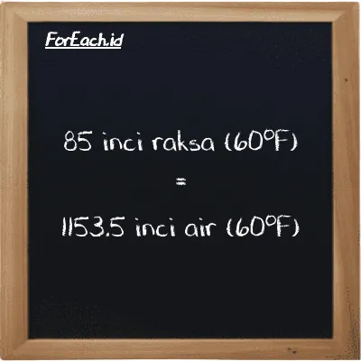 Cara konversi inci raksa (60<sup>o</sup>F) ke inci air (60<sup>o</sup>F) (inHg ke inH20): 85 inci raksa (60<sup>o</sup>F) (inHg) setara dengan 85 dikalikan dengan 13.57 inci air (60<sup>o</sup>F) (inH20)
