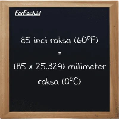Cara konversi inci raksa (60<sup>o</sup>F) ke milimeter raksa (0<sup>o</sup>C) (inHg ke mmHg): 85 inci raksa (60<sup>o</sup>F) (inHg) setara dengan 85 dikalikan dengan 25.329 milimeter raksa (0<sup>o</sup>C) (mmHg)