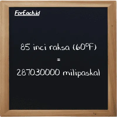 85 inci raksa (60<sup>o</sup>F) setara dengan 287030000 milipaskal (85 inHg setara dengan 287030000 mPa)