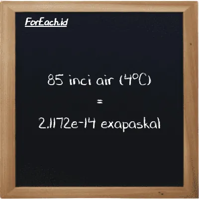 85 inci air (4<sup>o</sup>C) setara dengan 2.1172e-14 exapaskal (85 inH2O setara dengan 2.1172e-14 EPa)