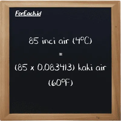 Cara konversi inci air (4<sup>o</sup>C) ke kaki air (60<sup>o</sup>F) (inH2O ke ftH2O): 85 inci air (4<sup>o</sup>C) (inH2O) setara dengan 85 dikalikan dengan 0.083413 kaki air (60<sup>o</sup>F) (ftH2O)