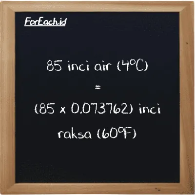 Cara konversi inci air (4<sup>o</sup>C) ke inci raksa (60<sup>o</sup>F) (inH2O ke inHg): 85 inci air (4<sup>o</sup>C) (inH2O) setara dengan 85 dikalikan dengan 0.073762 inci raksa (60<sup>o</sup>F) (inHg)