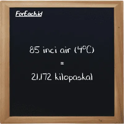 85 inci air (4<sup>o</sup>C) setara dengan 21.172 kilopaskal (85 inH2O setara dengan 21.172 kPa)
