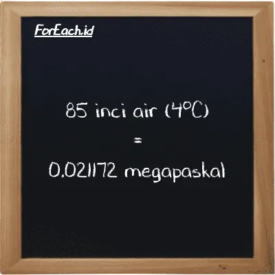 85 inci air (4<sup>o</sup>C) setara dengan 0.021172 megapaskal (85 inH2O setara dengan 0.021172 MPa)