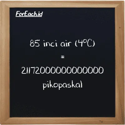 85 inci air (4<sup>o</sup>C) setara dengan 21172000000000000 pikopaskal (85 inH2O setara dengan 21172000000000000 pPa)