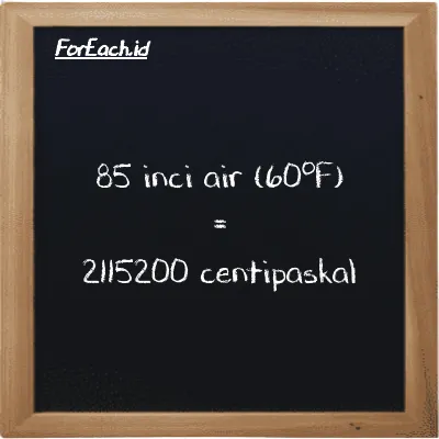 85 inci air (60<sup>o</sup>F) setara dengan 2115200 centipaskal (85 inH20 setara dengan 2115200 cPa)